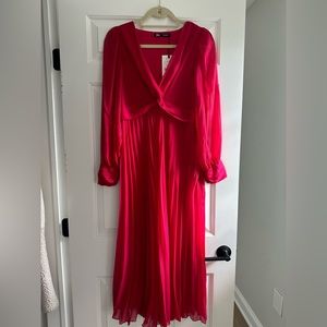 Zara midi long-sleeved fushia v-neck dress, size small